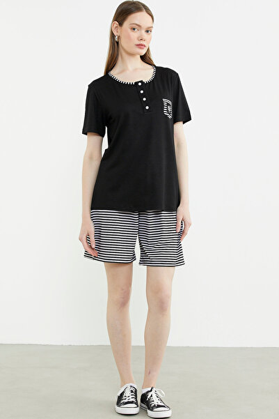 Sementa Marine Detailed Striped Shorts Suit - Black