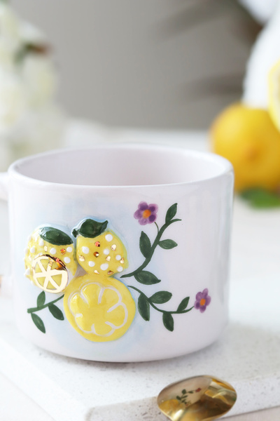 ada mia seramik El Yapımı Limon Figürlü 24K Altın Dekorlu Seramik Mug 200ml