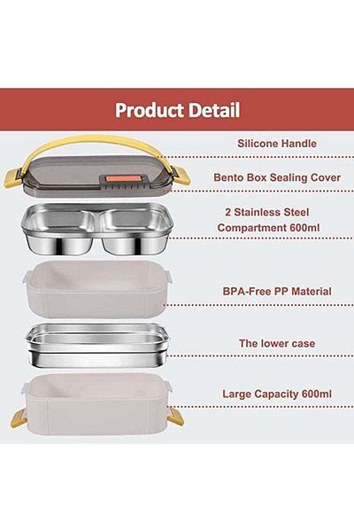 COOYA Lunch Box for Adults & Kids, Reusable Stainless Steel Portable 2 Layers Meal Box, 1200ml Leakproof