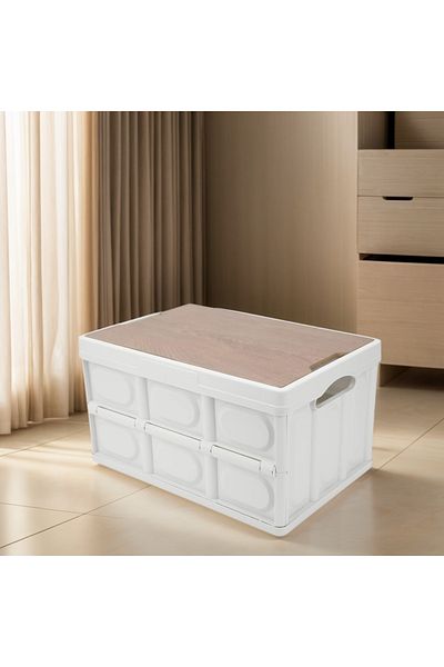 COOYA Collapsible Storage Bin With Composite Wood Lid, for Camping Home Office Outdoor Indoor (56L)