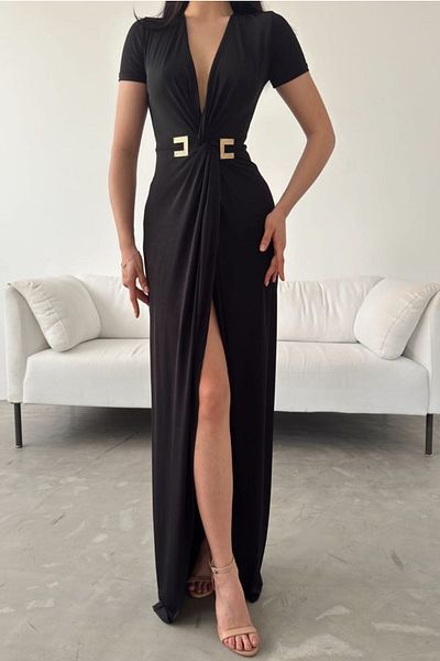 barış sülün lovebox Women's Stretchy Sandy Fabric Deep V Neck Slit Short Sleeve Black Maxi Evening Dress 582862