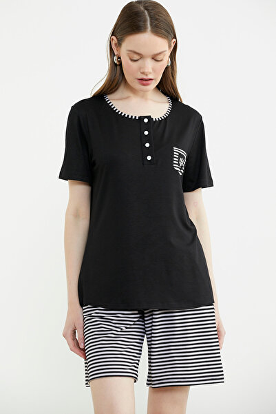 Sementa Marine Detailed Striped Shorts Suit - Black