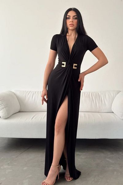 barış sülün lovebox Women's Stretchy Sandy Fabric Deep V Neck Slit Short Sleeve Black Maxi Evening Dress 582862