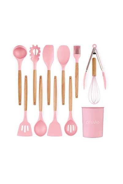 OEM Set of 12 Heat-Resistant Silicone Kitchen Utensils with Bamboo Handle, Pink