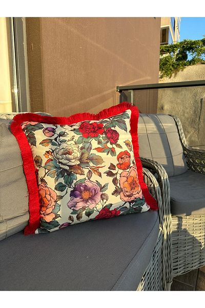 Karam Home Sophisticated Aesthetic Flowers Patterned Red Tassel Throw Pillow Cover
