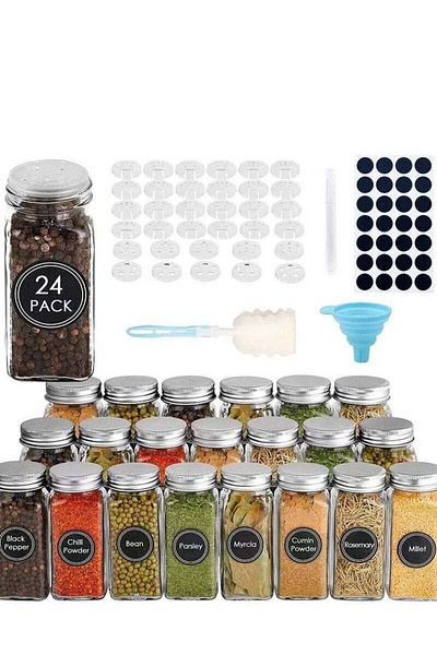 COOYA Glass Spice Jars, 24 PCS Square Spice Bottles Containers with Shaker Lids and Airtight Metal Caps
