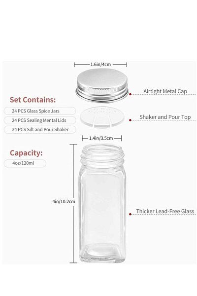 COOYA Glass Spice Jars, 24 PCS Square Spice Bottles Containers with Shaker Lids and Airtight Metal Caps