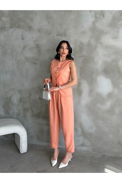 diaves Yavruağzı Gold Buttoned Asymmetric Cut Vest Pleated Baggy Trousers Double Linen Suit