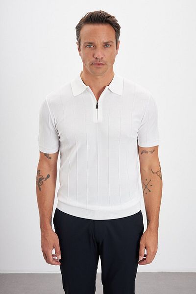Paşahan Zippered Polo Neck Stripe Patterned Knitwear Men's T-Shirt