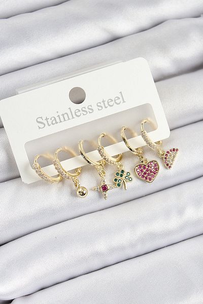 Toptan Bulurum Brass Zircon Stone Watermelon Clover Heart Compass Mixed Model Gold Color Set of 6 Women's Earrings