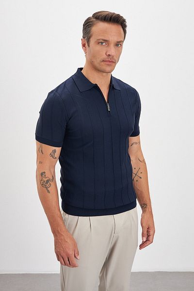 Paşahan Zippered Polo Neck Stripe Patterned Knitwear Men's T-Shirt