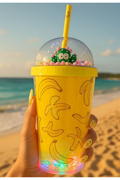 BiTon Toptan Fresh Themed Water Bottle with Straw, Frosted Glass Appearance, Led Light, 450 ml Double Layer Mica 2768