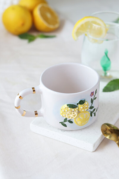 ada mia seramik El Yapımı Limon Figürlü 24K Altın Dekorlu Seramik Mug 200ml