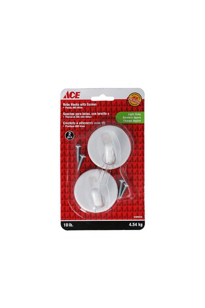 ACE Light Duty Plastic ABS Robe Hook with Screws White