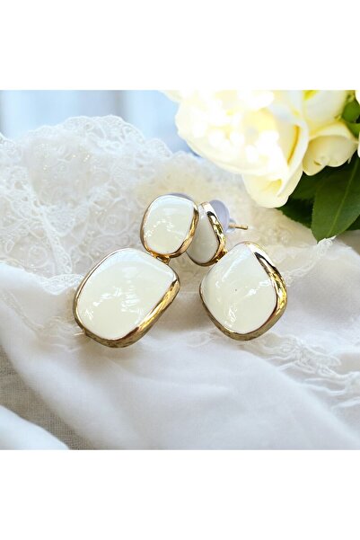 SeSi Gold Renk Kaplama Büyük Taşlı Zarif Çelik Küpe