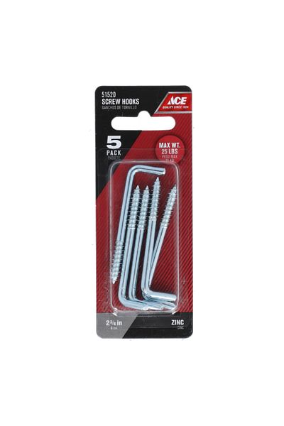 ACE 5-Piece Zinc-Plated Square Bend Screw Hook Silver 6cm
