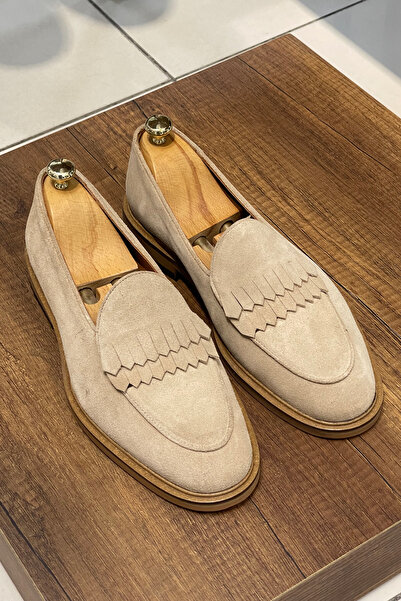 NAZEF Special Production Stitched Neolite Sole Fringed Suede Leather Beige Loafer Shoes