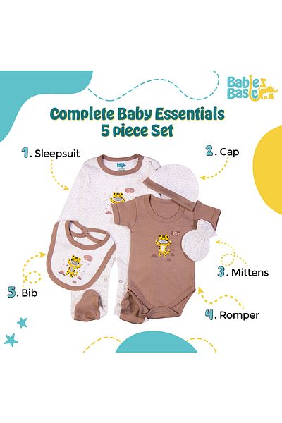 Babies Basic 5 piece New Born Set include Bib, Romper, Mittens, Cap, Sleepsuit- Stay Healthly, Grey