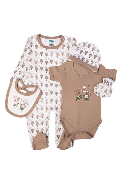 Babies Basic 5 piece New Born Set include Bib, Romper, Mittens, Cap, Sleepsuit- I can Fly, Grey