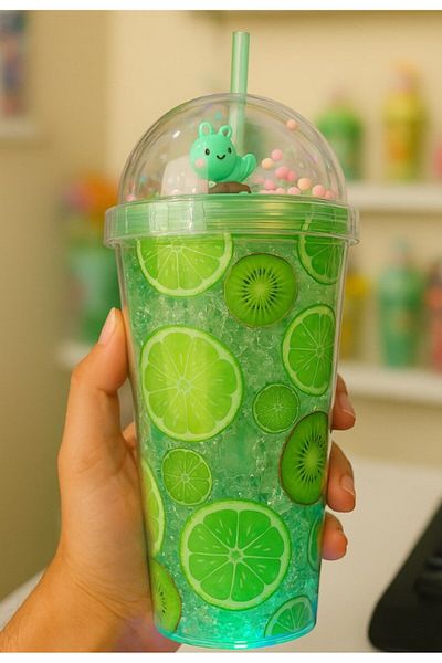 BiTon Toptan Buzz Themed Water Bottle with Straw, Frosted Glass Appearance, Led Light, 450 ml Double Layer Mica 2768
