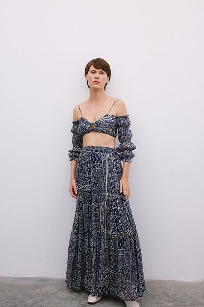 Rue Studio Μπουστάκι με χαμηλό μανίκι Navy Blue Crop