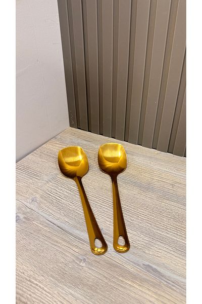 Snow Homs Practical 2 Pieces Stainless Gold Steel Luxury Serving Salad Spoon Spatula Steel Food Serving Spoon 21cm