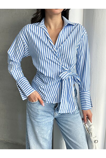 MD trend Cămașă cu șireturi laterale în dungi pentru femei