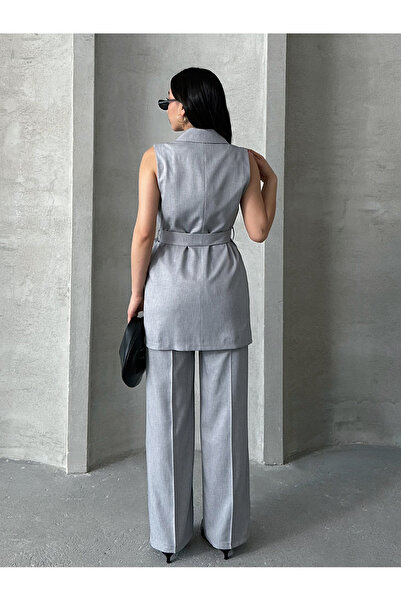 MD trend Women's Belted Buttoned Vest Pants Suit