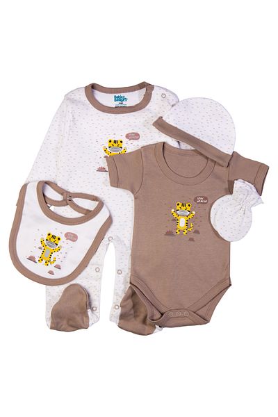 Babies Basic 5 piece New Born Set include Bib, Romper, Mittens, Cap, Sleepsuit- Stay Healthly, Grey