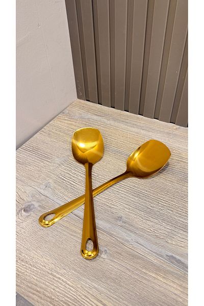 Snow Homs Practical 2 Pieces Stainless Gold Steel Luxury Serving Salad Spoon Spatula Steel Food Serving Spoon 21cm