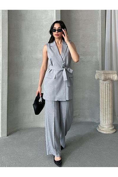 MD trend Women's Belted Buttoned Vest Pants Suit