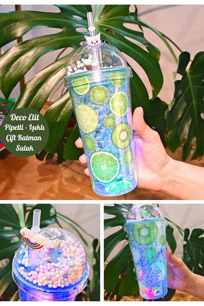 BiTon Toptan Buzz Themed Water Bottle with Straw, Frosted Glass Appearance, Led Light, 450 ml Double Layer Mica 2768