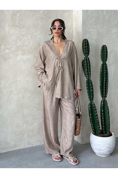 MD trend Women's Lace-Up Kimono - Pants Set
