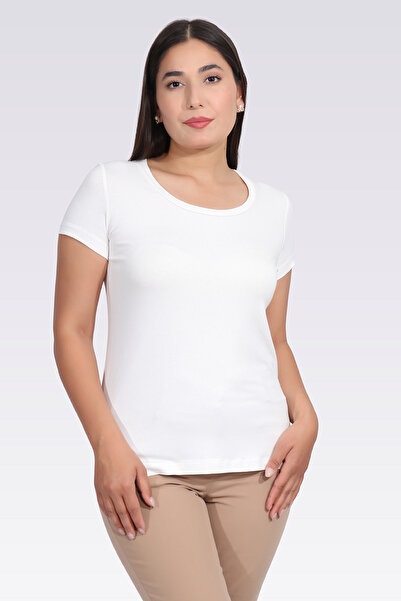 TOLGA SARAÇOĞLU 10976 Ecru Crew Neck Short Sleeve Tshirt