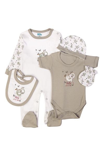 Babies Basic 5 piece New Born Set include Bib, Romper, Mittens,Cap,Sleepsuit- Hello Little One,Grey