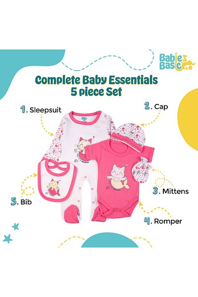 Babies Basic 5 piece New Born Set include Bib, Romper, Mittens, Cap, Sleepsuit- Meowmaid, Red