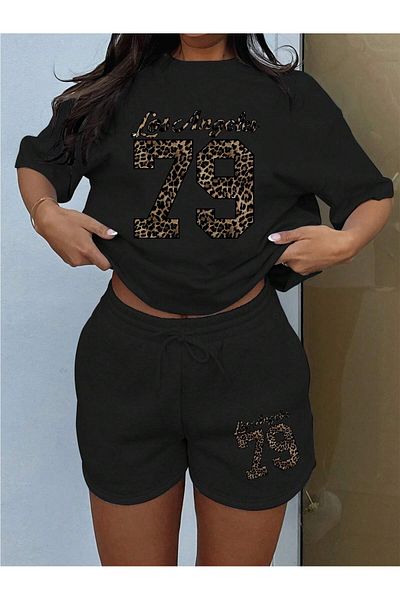LOU MODA -Women's Cotton Printed 79 Tiger Tshirt-Shorts Set 2-Pack Oversize Large Size