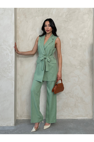 MD trend Women's Belted Buttoned Vest Pants Suit