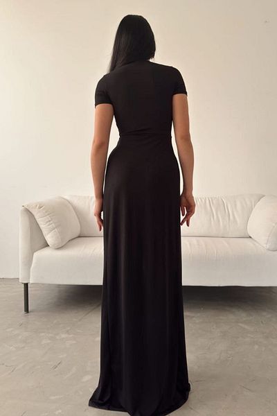 bayansepeti Black Sandy Fabric Deep V Neckline Short Sleeve Maxi Dress with Slit Detail 582862