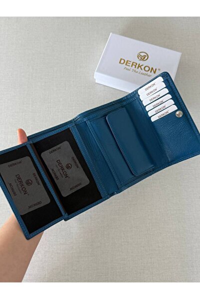 DERKON Portofel de damă din piele naturală de mărime medie, albastru petrol