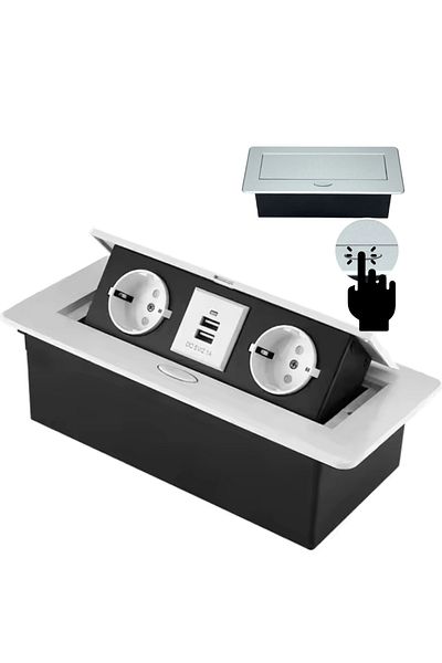 ATOMKIT Countertop built-in socket, 2 x USB-A 2.1A, 2 EU inputs, Lift button, White/Black