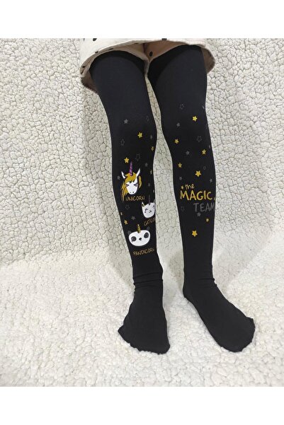 DÜVEN Чорапогащи от мус Unicorn Party със средна плътност за момичета - Черни чорапогащи Unicorn Party