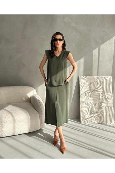 MODA Kadın İkili Takım- Aerobin Kumaş Önden Yırtmaçlı parçalı Etek-Düşük Kol parçalı Bluz