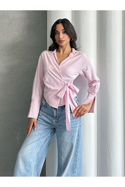 MD trend Cămașă cu șireturi laterale în dungi pentru femei