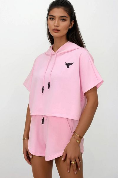 Trend Alaçatı Stili Women's Pink Hooded Crop Sweatshirt and Shorts Set Alc-760-001-Tk