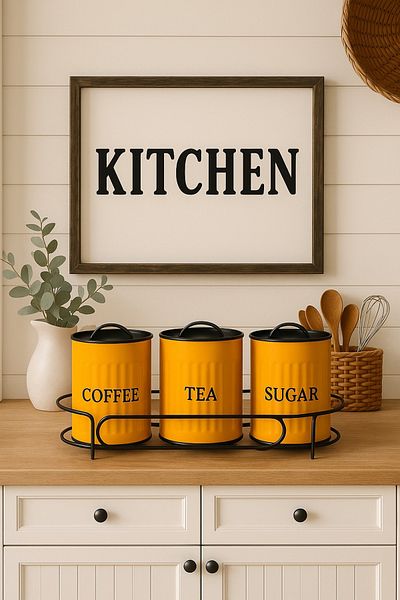 hemlife Tea Coffee Sugar Jar Set with Stand 3-Piece Metal Jar Storage Container Box