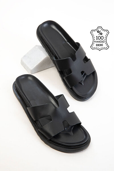 SOHO Black Genuine Leather Women's Slippers 20684