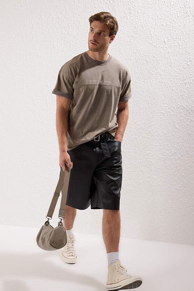 Trendyol Collection Anthracite Oversize T-Shirt 100% Cotton Faded Effect Text Print