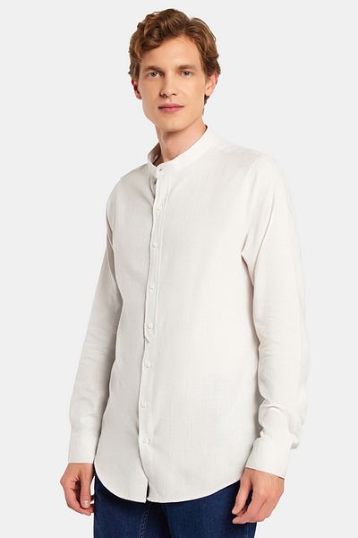 Tudors Γκρι ανδρικό πουκάμισο - Slim Fit, Slim Fit, Μακρύ μανίκι, 100% βαμβακερό λινό, κυρίαρχο γιακά