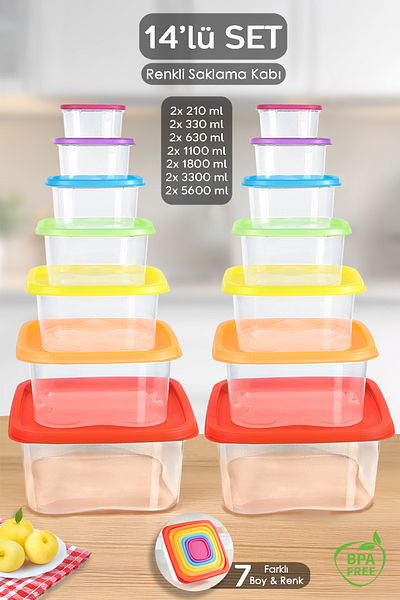 Meleni Home Set of 14 Square Food Storage Containers - Deep Freezer Microwave Compatible Storage Container Colorful